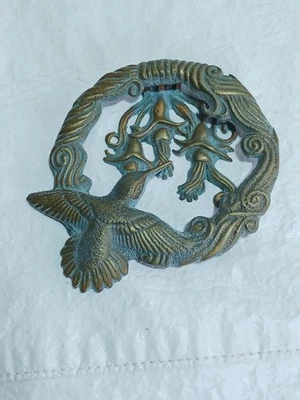 Brass Door Knocker Hummingbird Floral Green Verdigris Patina Scroll Wreath - Image 1 of 4