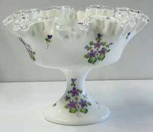Vintage Fenton Pedestal Bowl Silver Crest Milk Glass “Violets In The Snow" - Picture 1 of 7