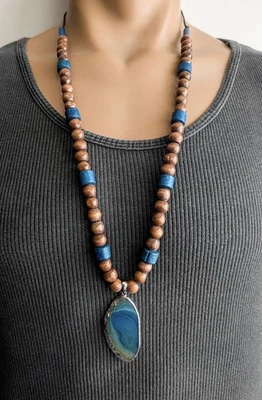 Collar colgante de piedra de ágata, cuentas de madera, joyas para hombre, cuentas de madera, unisex 32" Foto 1 de 4