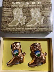 Western Boot Metal Salt Pepper Shakers Oregon MT Hood Souvenir MADE IN JAPAN-MIB - Picture 1 of 7