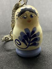 Matryoshka Wood Blue Flower Russian Nesting Doll Souvenir Keychain Vintage Gift