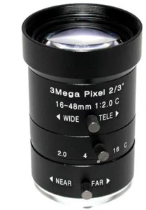 Camera Varifocal Lens 3MP FL 16mm-48mm F2.0 C Mount FOV 29.5°-9.5° Format 2/3'' - Picture 1 of 4