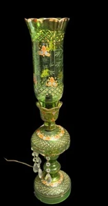 VINTAGE RARE HAND PAINTED & GOLD GILT LALEH BOHEMIAN GREEN GLASS LAMP WORKS - Picture 1 of 8