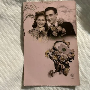 Vintage 30s French Romantic Couple Lucky Clovers J G Paris Photo Postcard Tinted - Picture 1 of 4