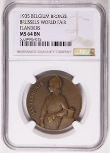 1935 Brussels Belgium Worlds Fair Bronze Medal - Flanders - NGC MS 64 BN - Picture 1 of 2