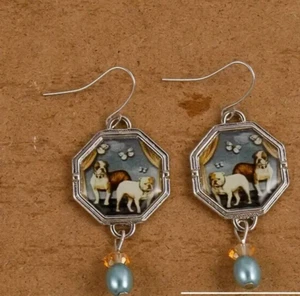 Silver plated Bohemian Mod Painting Design Bulldogs earrings 2" - Picture 1 of 2