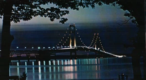The Mackinac Bridge At Night Michigan Postcard - Picture 1 of 2