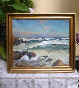 Aksel P. Knudsen ( 1903) Waves Breaking on a Rocky Coast. Ca. 1930s. - Picture 1 of 5