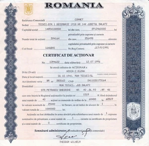 Romania, 1996, "COMMET" Company - Vintage Shareholder Certificate / Bond - Picture 1 of 2