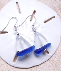 CRYSTAL SAIL Beach glass nautical jewelry  NAVY hull  earrings - Picture 1 of 2