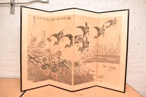 Japanese VTG 4 Panel Folding Screen Asian Byobu Painted Chinese 54x36 Antique_ - Picture 1 of 14