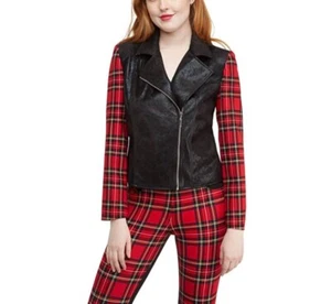 NYGARD PATENT PLAID MOTO JACKET BLACK AND RED TARTAN SIZE MEDIUM - Picture 1 of 6