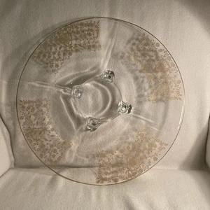 Vtg Paden City Glass Cake Plate/ Serving Platter Footed W/ Gold Floral Pattern - Picture 1 of 3