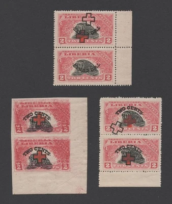 RARE LIBERIA STAMPS 1918 2c/2c RED CROSS ERRORS INVERTED, FRAME DISPLACE, IMPERF - Image 1 of 4