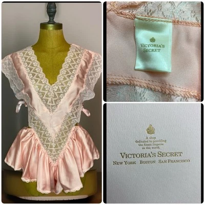 Vtg Victoria’s Secret Teddy Gold Crown Label Coquette 80’s Peach Lace With Box - Image 1 of 4