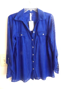 Blusa para mujer NY Collection azul manga larga botón delantero semi transparente talla L nueva con etiquetas - Imagen 1 de 3