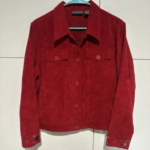 Vintage Y2K Womens Jacket Large Suede Red Embroidered Floral Western Cowgirl 90s - Picture 1 of 10