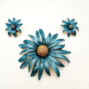 Vintage blaue Gänseblümchen Blume Brosche 2,5" Clip Ohrringe 1" Set goldfarbene Emaille - Bild 1 von 8
