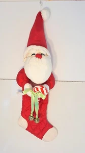 Vintage Puffy Christmas Stocking Santa Bells Candy Cane Parachute Nylon 30" Red - Picture 1 of 4