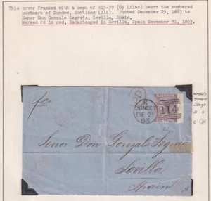 GB # 39 6p LILAC ON DUNDEE COVER TO SEVILLE SPAIN 1863 A GEM - Picture 1 of 1