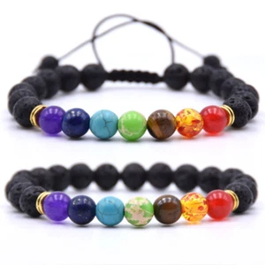 Men Women 8mm Lava Rock 7 Chakra Beads Bracelet Braided Rope Diffuser Bangle - Picture 1 of 14