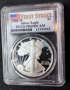 2006 W PROOF SILVER EAGLE PCGS PR69 DCAM FLAG FIRST STRIKE LABEL - Picture 1 of 2