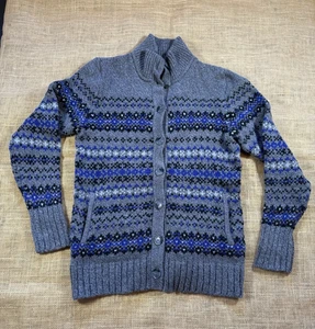 Eddie Bauer Womans Gray/Blue/Black Fair Isle Wool/Cotton Cardigan Sweater Size M - Picture 1 of 6