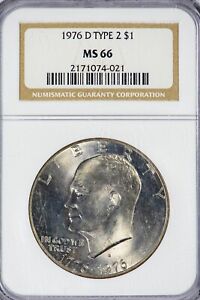 1976 D Type 2 Eisenhower NGC MS66 Silver Dollar, Nicely Toned Reverse!