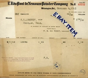 1912 E I Du Pont de Nemours Powder Co. BILLHEAD Wilmington Deleware EXPOLOSIVES - Imagen 1 de 1