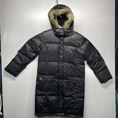 GAP Kids Puffer Parka Coat XL Faux Fur Trim Hood Black Zipper & Snaps WARM - Image 1 of 4