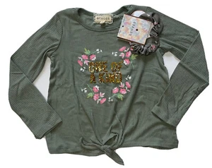 Btween Girl's Set with Hair Tie "One Of A Kind" Olive Green Long Sleeves - Picture 1 of 13