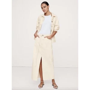 Banana Republic Tall Denim Maxi Skirt Ecru Cream Belted Front Slit US 10 NWT - Picture 1 of 10