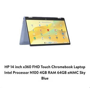 HP Chromebook X360 14" FHD Touch, Intel N100, 4GB RAM, 64GB eMMC, Sky Blue - Picture 1 of 1