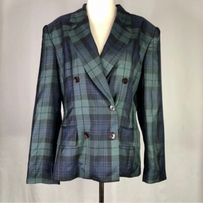 Jones New York silk blazer jacket watch plaid green blue double breasted 12 - Image 1 of 4