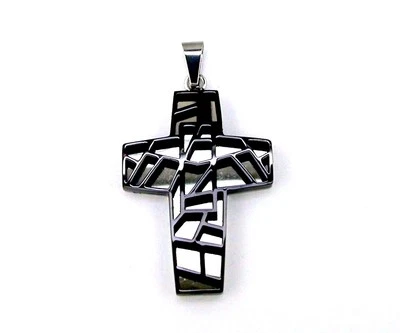 Mens Stainless Steel 2 Tone Stained Glass Style Cross - Image 1 of 2