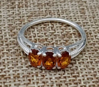 STERLING SILVER RING GENUINE CITRINE 7.25 PRONG SET 3 OVAL STONES India - Image 1 of 4