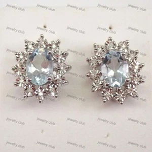 Beautiful 3Ct Oval Cut Aquamarine Halo Stud Earrings 14K White Gold Over For Her - Picture 1 of 6