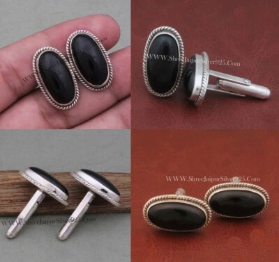 Gemelos De Plata Esterlina 925 Con Piedra De Ónix Negra - Imagen 1 de 4