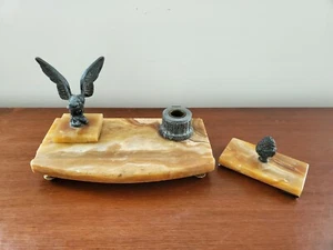 Vintage Marble Eagle Inkwell & Blotter Desk Decor Flaws - Picture 1 of 12
