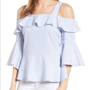 Halogen Off The Shoulder Peplum Top Blouse Blue White Stripes New Petite Small - Picture 1 of 12