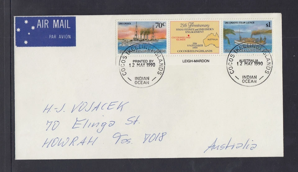 Par de canaletas Cocos Keeling Islands 1990 SMS Emden $1,70 usadas en cubierta Foto 1 de 1