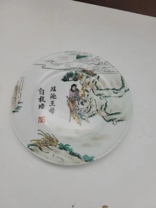 Piatto vintage donna equitazione cervo bambini Hong Kong dipinto a mano renna Asia 7" - Foto 1 di 6