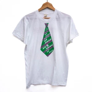 Vintage 80s Graphic T-Shirt Single Stitch USA White Green Faux Necktie Running - Picture 1 of 8
