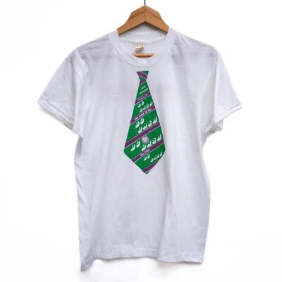 Vintage 80s Graphic T-Shirt Single Stitch USA White Green Faux Necktie Running - Image 1 of 4