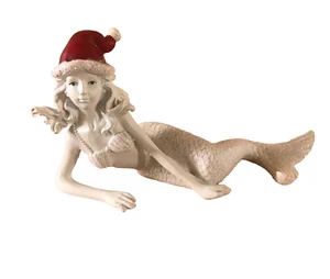 Mermaid w Santa Hat Christmas Figurine Coastal Beach Mermaid Glitter Nautical - Picture 1 of 5
