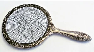 Antique Silver Plate Hand Magic Mirror Covered with 850+ Crystals Rhinestone Art - Picture 1 of 10