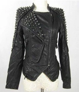 Womens Punk Spike Studded Shoulder Leatherette Coat Motorcycle Jacket - Picture 1 of 2