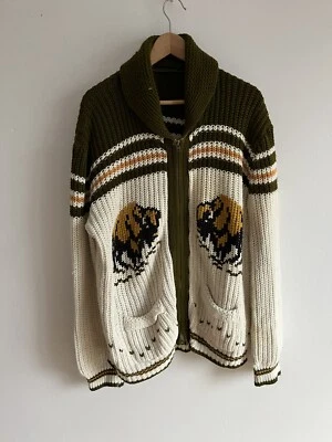 Vintage 50s COWICHAN BUFFALO BISON BROWN SHAWL NECK ZIP UP CARDIGAN SWEATER L/XL - Image 1 of 4