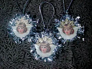 3 ADORNOS DE ÁNGEL ESTILO VICTORIANO DRESDE Y OROPEL NAVIDAD HECHOS A MANO 3" ROBLE - Imagen 1 de 4