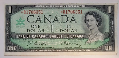 1967 Canadá $1 dólar HRH Queen Elizabeth II *B/M1706351 JRB/LR nota de erro - Imagem 1 de 2